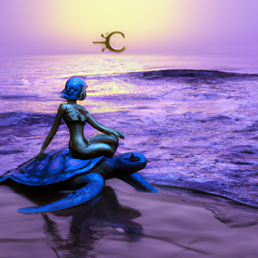 An image showcasing a serene beach at twilight, with a Cancerian woman gracefully emerging from the waves