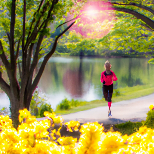 An image showcasing a vibrant woman jogging along a serene lakeside trail, surrounded by lush greenery and blooming flowers