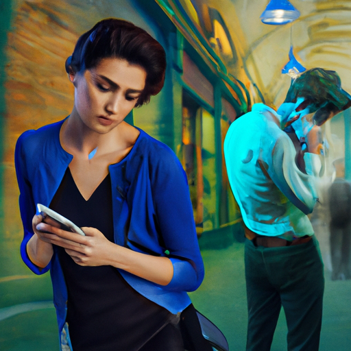 An image depicting a woman holding her phone, waiting anxiously while her blurred male companion walks away, engrossed in his own world, symbolizing the frustration and lack of communication in a casual fling