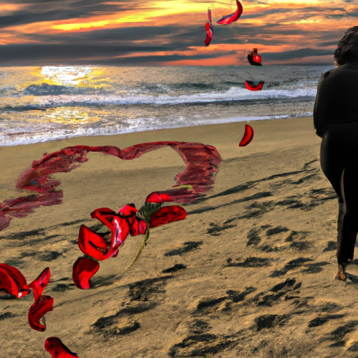 An image depicting a woman standing alone on a beach at sunset, watching as a man walks away, leaving a trail of discarded rose petals, empty promises, and shattered hearts in his wake