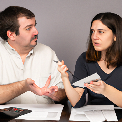 An image of a couple sitting at a table with scattered bills, a budget spreadsheet, and a calculator
