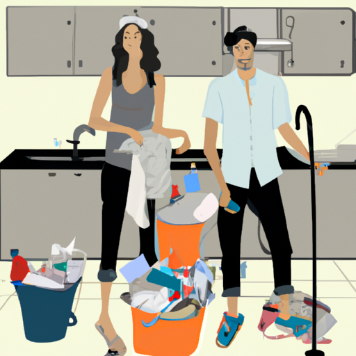 An image capturing a couple standing in front of a sink overflowing with dirty dishes, while one spouse holds a mop and the other clutches a laundry basket overflowing with clothes