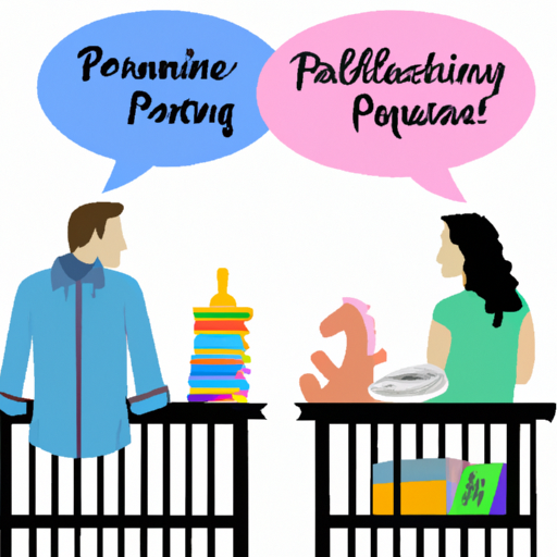 An image showcasing a couple engaging in a heated discussion while surrounded by a variety of parenting-related objects, such as baby clothes, a toy-filled playpen, and a stack of parenting books