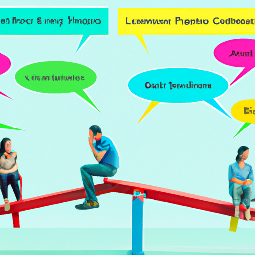 An image showcasing a couple sitting on opposite ends of a colorful seesaw, their facial expressions depicting various levels of disagreement