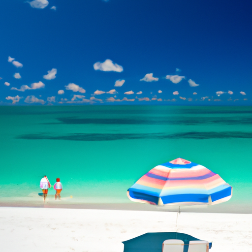 E beach setting with two lounge chairs under a colorful parasol, surrounded by crystal-clear turquoise waters