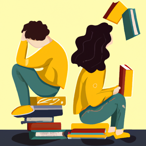 An image that depicts a couple sitting back-to-back, each holding a stack of books representing their expectations