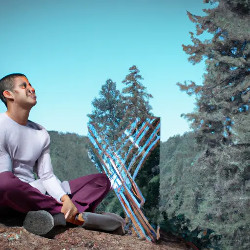 An image showcasing a person sitting cross-legged on a mountaintop, surrounded by a serene forest and a clear blue sky