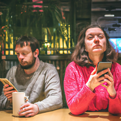 An image of two people sitting at a table in a cozy café: the man engrossed in his phone, while the woman gazes at him, her expression a mix of slight disappointment and curiosity