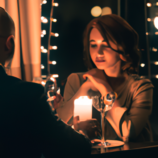 An image of a woman sitting at a candlelit table in a charming café, engrossed in conversation with a confident man who listens attentively while gently resting his hand on hers