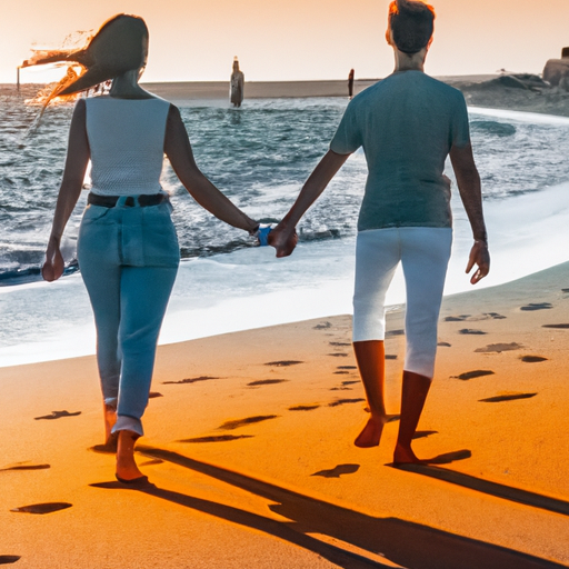 An image showcasing a young couple strolling along a serene beach at sunset