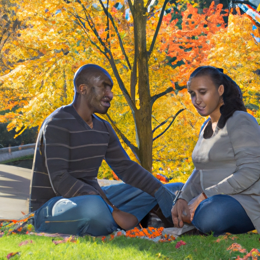 An image showcasing a diverse couple sharing a picnic in a scenic park, with a background of vibrant autumn leaves