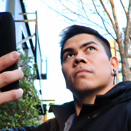  a man holding his phone, strategically positioned at a low angle, emphasizing his jawline and projecting confidence