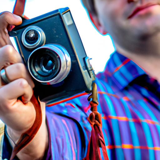  Capture a stylish man confidently holding a vintage film camera, with a perfectly angled selfie in the foreground