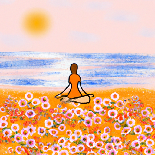 An image of a person sitting on a serene beach, surrounded by vibrant, blooming flowers