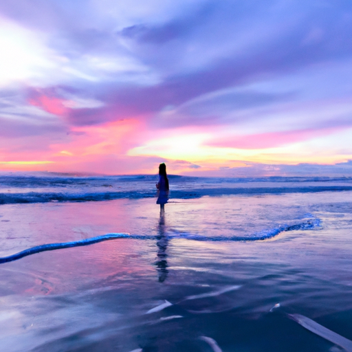 An image featuring a vibrant sunrise over a serene beach, displaying a solitary figure standing tall amidst crashing waves