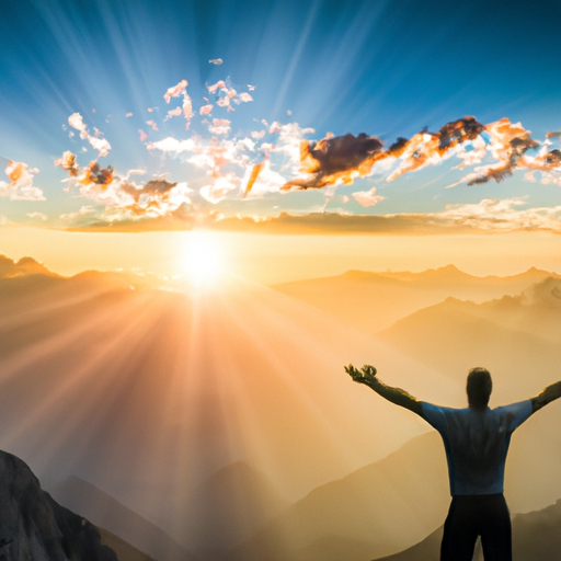 An image of a person standing on a mountain peak, arms stretched wide, surrounded by a vibrant sunrise