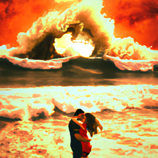 An image showcasing a fiery sunset over a secluded beach, where a couple intimately embraces amidst crashing waves