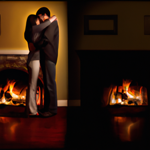 An image showcasing a dimly lit room split into two halves by a crackling fireplace
