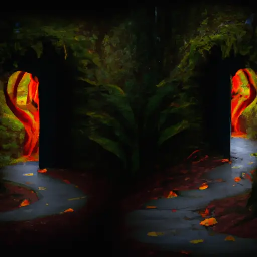 An image depicting a winding, illuminated path through a dense forest, leading towards two distinct doorways
