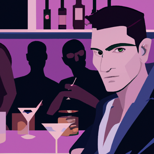 An image capturing a dimly lit cocktail bar, with a suave man leaning against the counter, surrounded by women vying for his attention