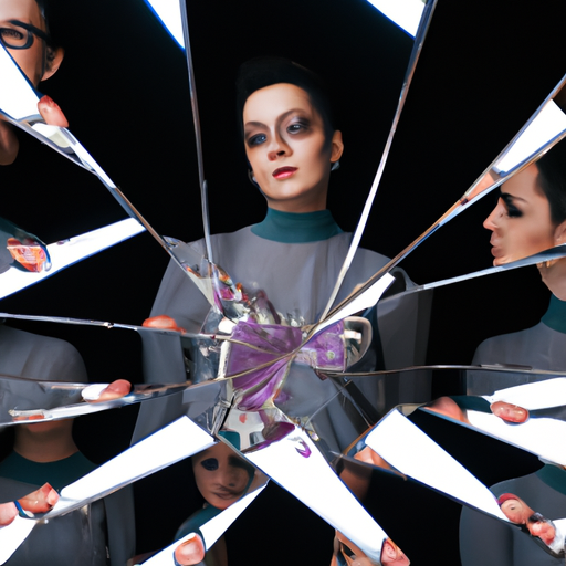 An image depicting a woman surrounded by shattered mirrors, reflecting a series of self-obsessed men