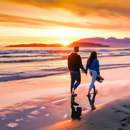 An image showcasing a vibrant sunset at a picturesque beach, with a couple holding hands while walking towards the horizon