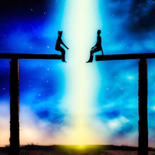 An image of two individuals sitting on a seesaw, one person reaching for the sky with a glowing aura, while the other person remains grounded and disconnected, symbolizing the emotional gap that develops as friends grow apart