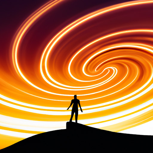 An image showcasing a silhouette of a person standing on top of a mountain, bathed in a golden sunset