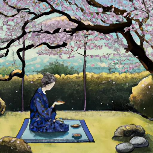 An image showcasing a serene Japanese garden, with a person engrossed in a traditional tea ceremony, surrounded by cherry blossoms