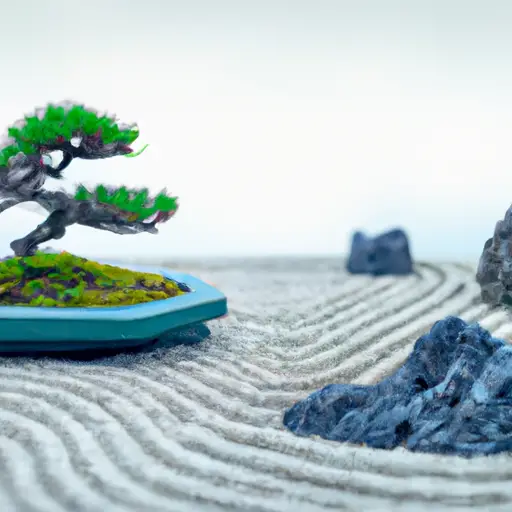 An image showcasing a serene Japanese Zen garden, adorned with meticulously raked gravel, carefully placed rocks, and a lone bonsai tree, embodying the transformative Japanese concept of "wabi-sabi