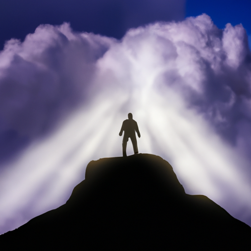An image showcasing a silhouette of a person triumphantly standing on a mountain peak, with rays of sunlight breaking through dark storm clouds