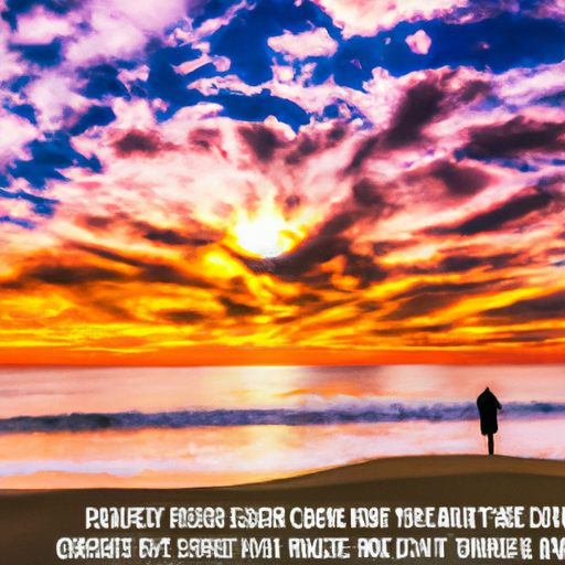 An image depicting a vibrant sunrise over a serene beach, where a lone figure stands, motivated by uplifting quotes and surrounded by a cloud of inspirational memes, symbolizing the transformative power of positivity