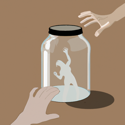 An image depicting a person trapped inside a glass jar, their hands reaching out desperately