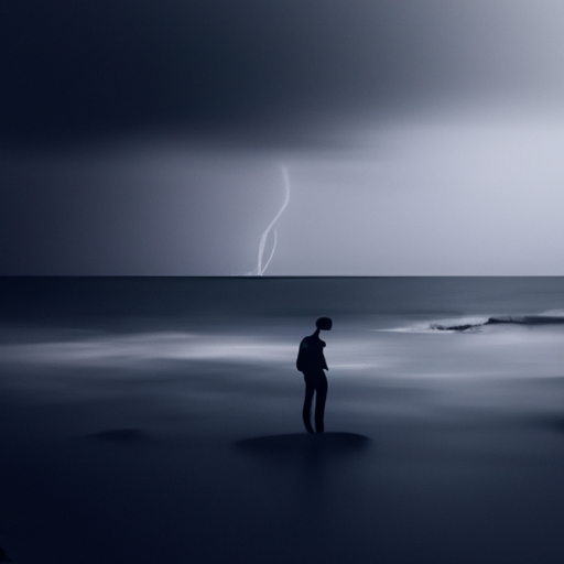 An image that depicts a desolate figure standing alone on a barren island, surrounded by a turbulent sea