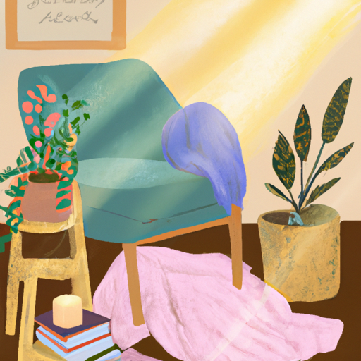 An image of a serene, sunlit room with a cozy armchair, soft blankets, and a pile of self-help books