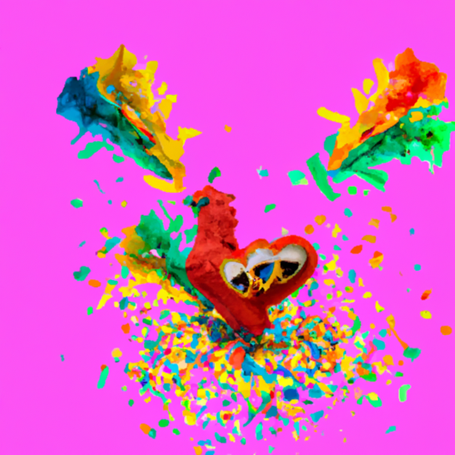 An image showcasing a broken heart-shaped piñata, shattered into pieces, with colorful confetti exploding outwards