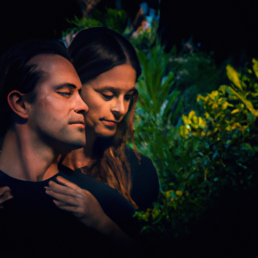 An image of two people embracing in a serene garden, their eyes locked with a deep understanding