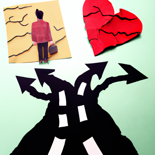 An image showing a person standing at a crossroads, with one path leading to material possessions and the other to love and relationships