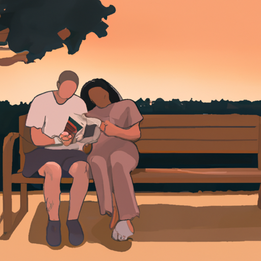 An image of a couple sitting comfortably on a park bench, with each person engrossed in their own book, symbolizing their respect for personal boundaries