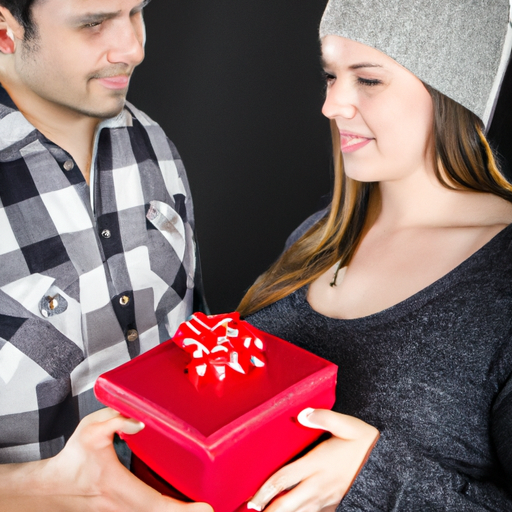 An image capturing the tender moment of a couple exchanging heartfelt gifts, their eyes sparkling with gratitude