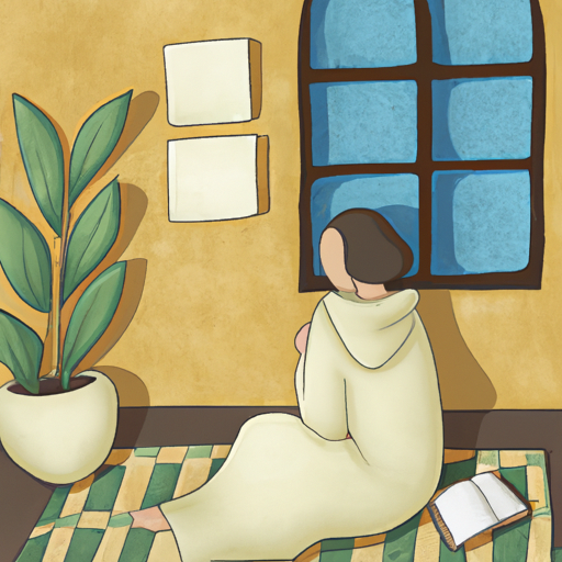 An image featuring a serene, sunlit room with a cozy reading nook, adorned with soft blankets and a journal