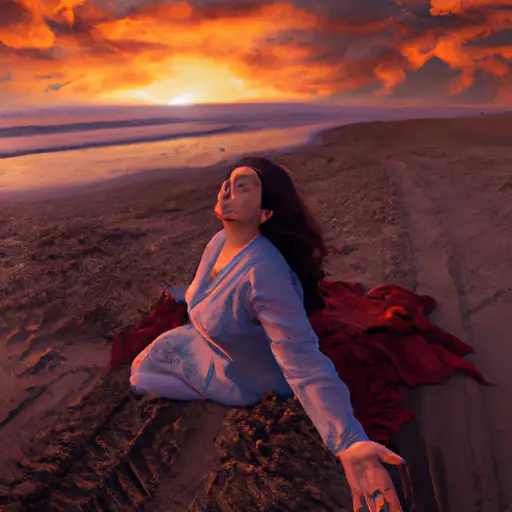An image showcasing a serene sunset scene at a beach, with a person sitting on the sand, eyes closed, hands gently open, and a warm smile on their face, embracing the beauty of nature and practicing gratitude