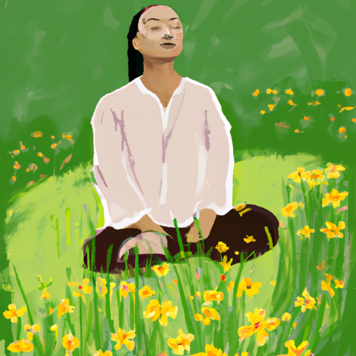 An image featuring a serene person sitting cross-legged on a lush green grassy field, surrounded by blooming flowers and tall trees