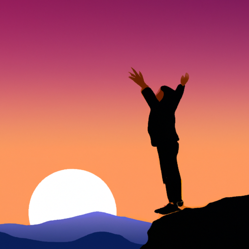 An image showcasing a person standing on a mountain peak, arms outstretched, with a radiant sunset in the background