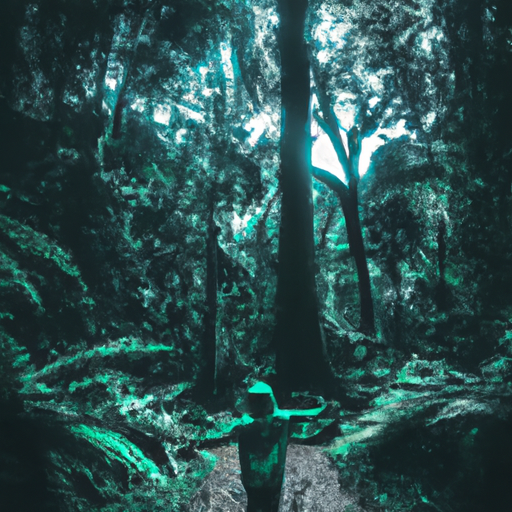 An image depicting a person confidently stepping onto a vibrant, uncharted path amidst a lush, mysterious forest