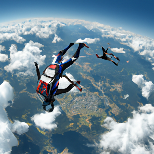 An image of a person skydiving above a picturesque landscape, capturing their exhilaration as they soar through the air, showcasing the thrill and sense of adventure that comes with trying new activities