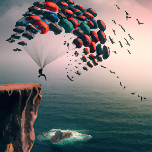 An image showcasing a person stepping off a cliff into a vast ocean, with a parachute strapped to their back, surrounded by soaring birds and vibrant hot air balloons, symbolizing breaking out of comfort zones