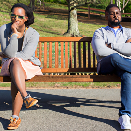 an image of a couple sitting side by side on a park bench, their body language tense and distant