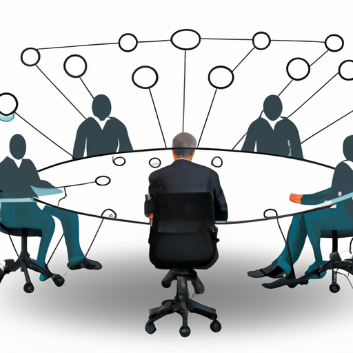 An image showcasing a manager sitting at a round table with their team, engaged in open conversation, while a transparent web of interconnected lines symbolizes accountability, linking each member to their responsibilities