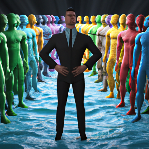An image showcasing an Aquarius man standing confidently amidst a sea of diverse individuals, symbolizing the acceptance and celebration of his unique qualities